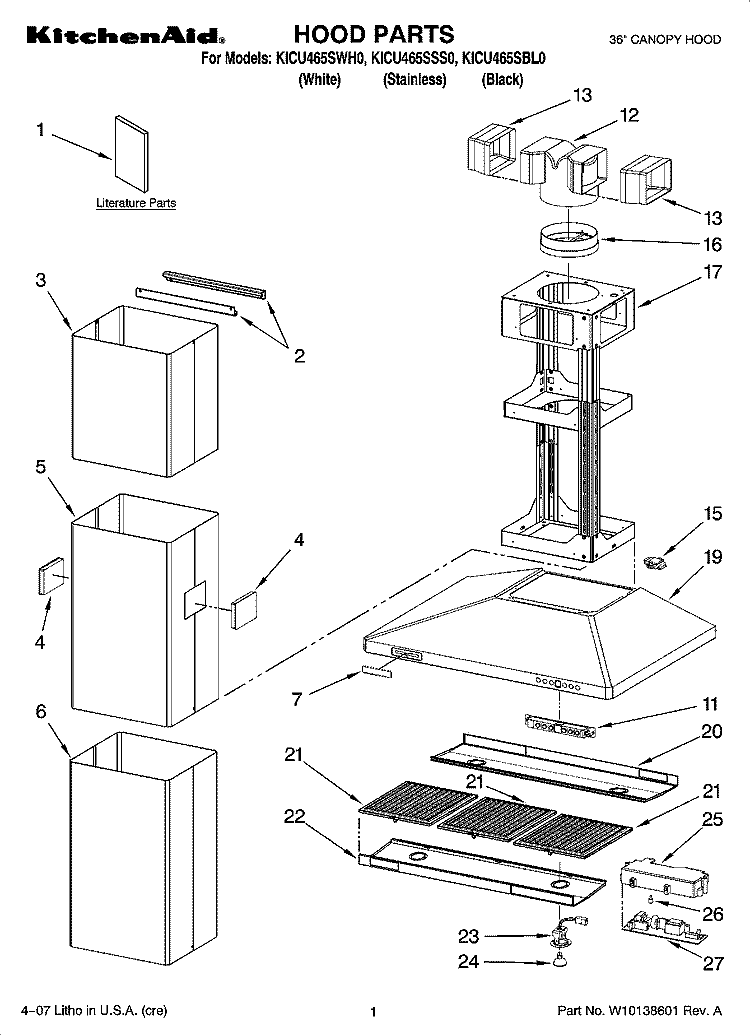 HOOD PARTS Diagram and Parts List for KICU465SSS0  KitchenAid Range Hood