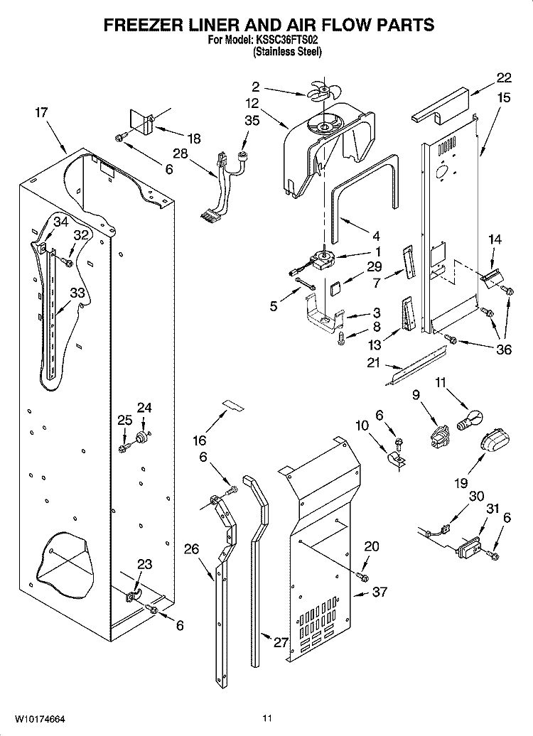 FREEZER LINER AND AIR FLOW PARTS Diagram and Parts List for KSSC36FTS02  KitchenAid Refrigerator