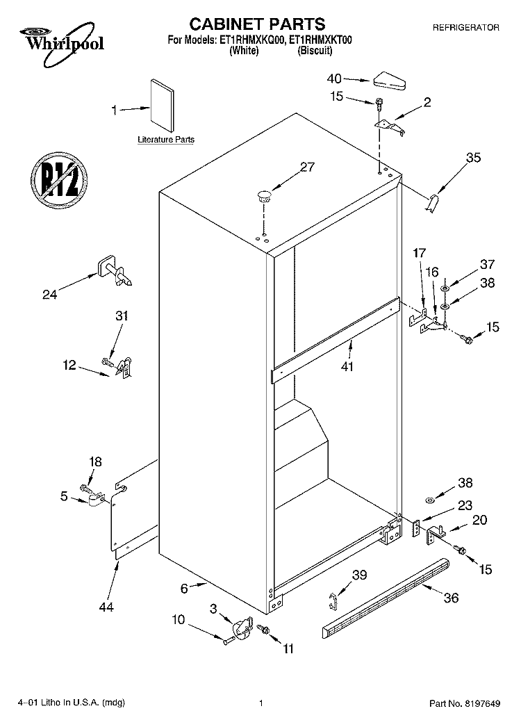 CABINET, LITERATURE Diagram and Parts List for ET1RHMXKT00  Whirlpool Refrigerator