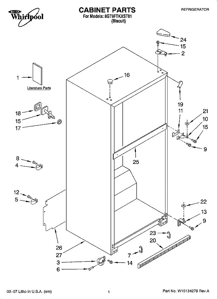 CABINET PARTS Diagram and Parts List for 8GT9FTKXST01  Whirlpool Refrigerator