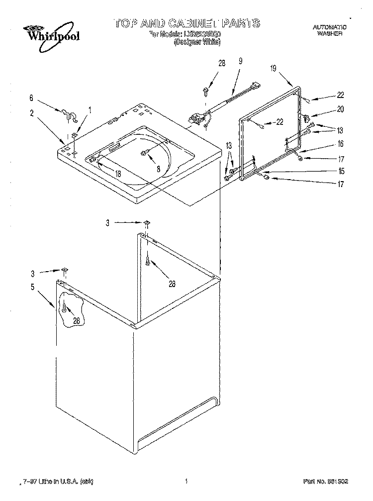 TOP AND CABINET Diagram and Parts List for LXR6232EQ0  Whirlpool Washer
