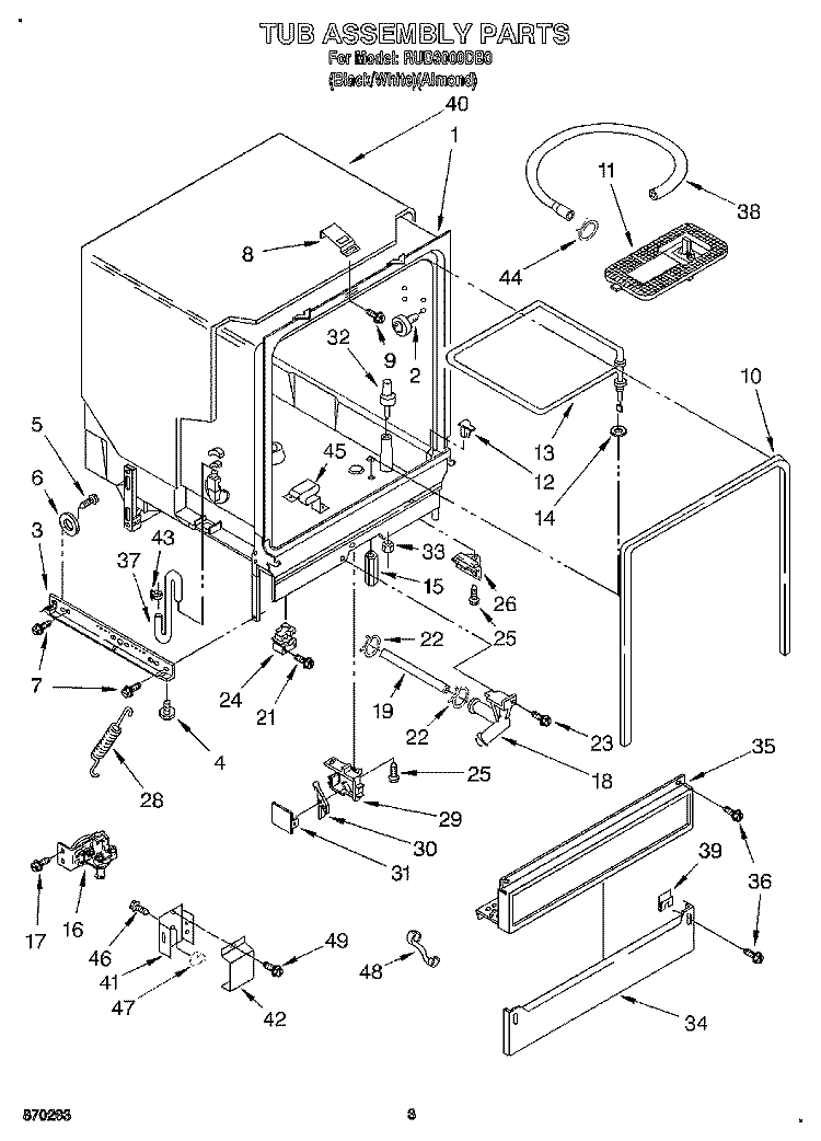 TUB ASSEMBLY, LIT/OPTIONAL Diagram and Parts List for RUD3000DB0  Roper Dishwasher