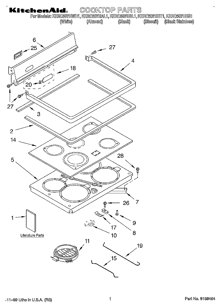 COOKTOP, LITERATURE Diagram and Parts List for KERC507HBL1  KitchenAid Range