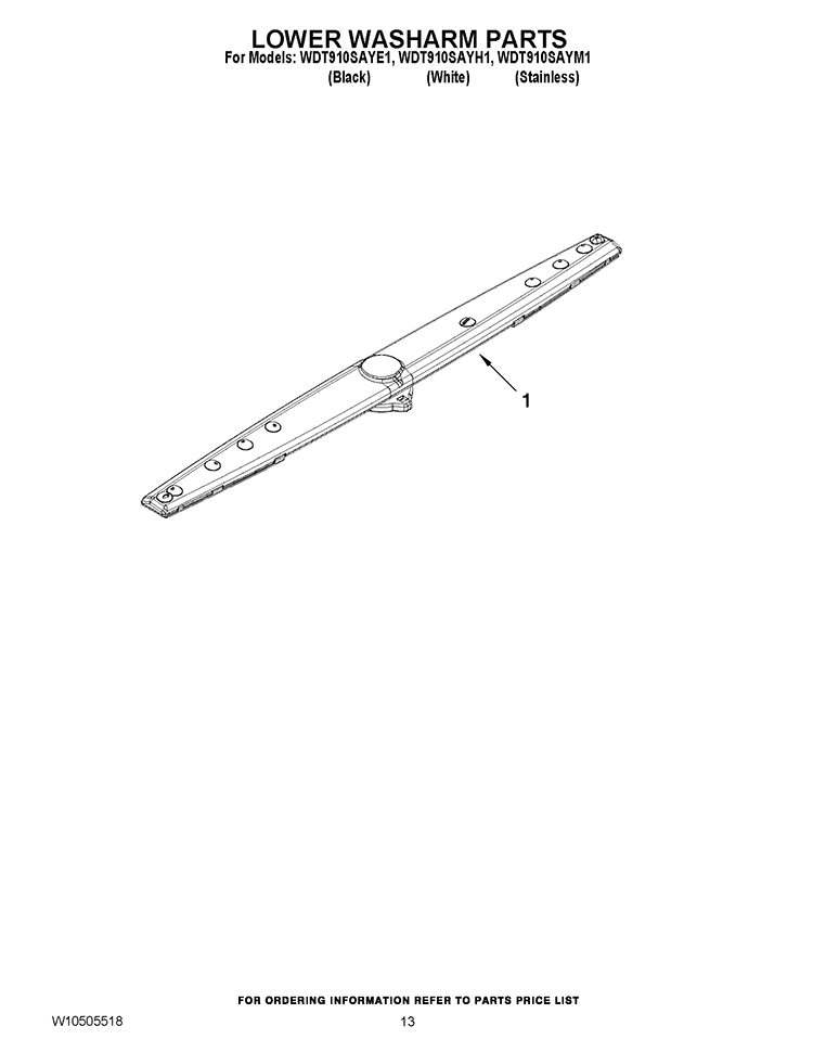 LOWER WASHARM PARTS Diagram and Parts List for WDT910SAYM1  Whirlpool Dishwasher