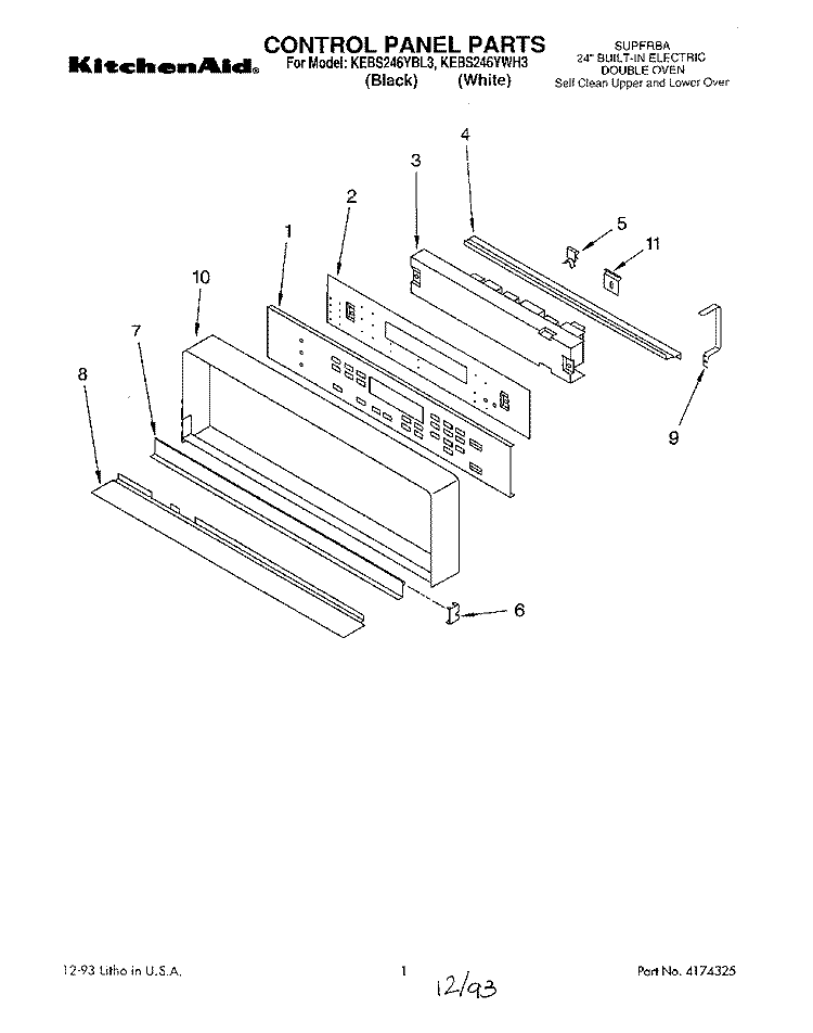 CONTROL PANEL, LIT/OPTIONAL Diagram and Parts List for KEBS246YWH3  KitchenAid Wall Oven