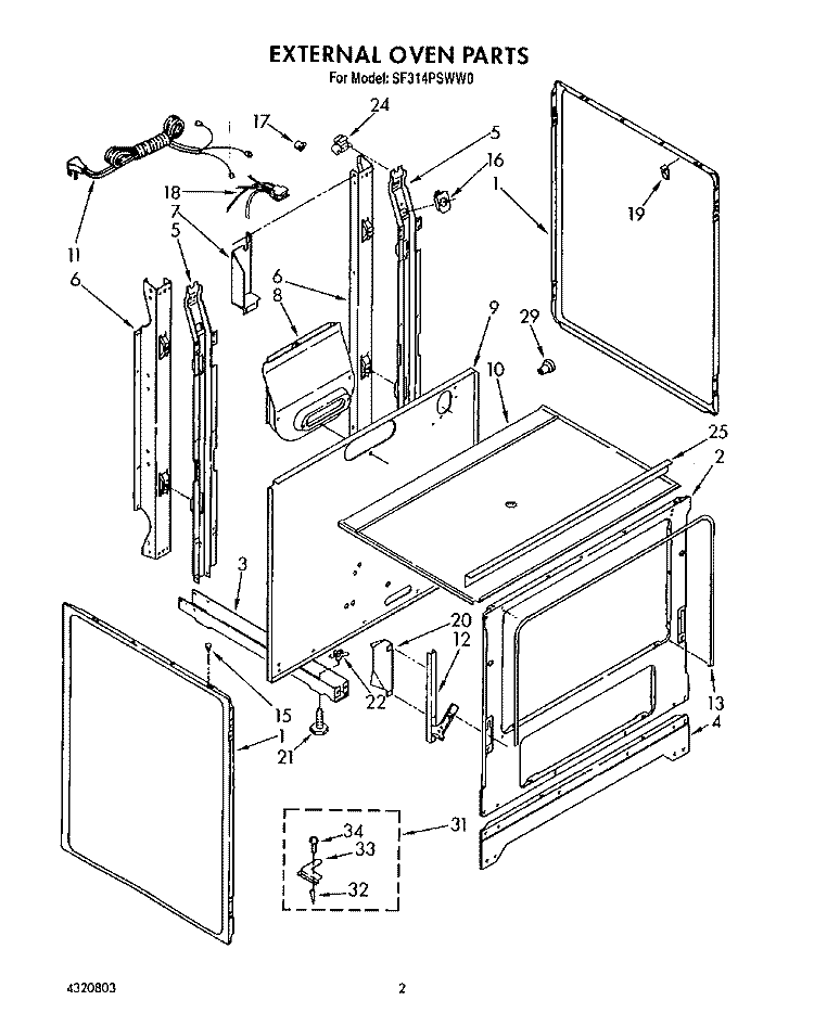 EXTERNAL Diagram and Parts List for SF314PSWW0  Whirlpool Range