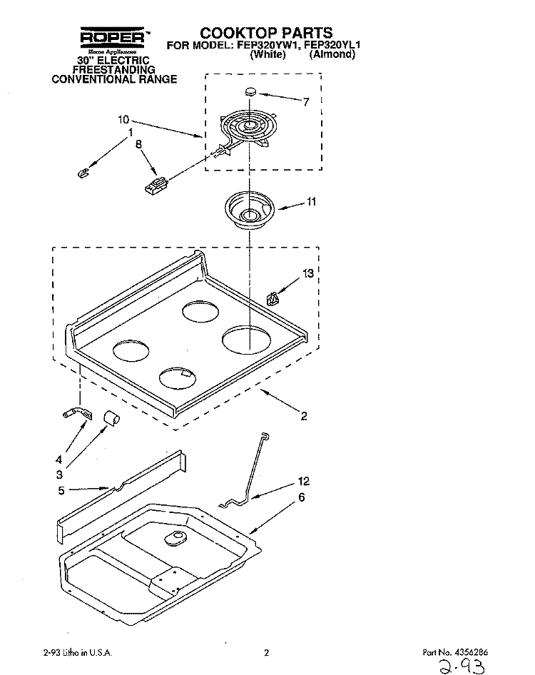 COOKTOP, LIT/OPTIONAL Diagram and Parts List for FEP320YW1  Roper Range