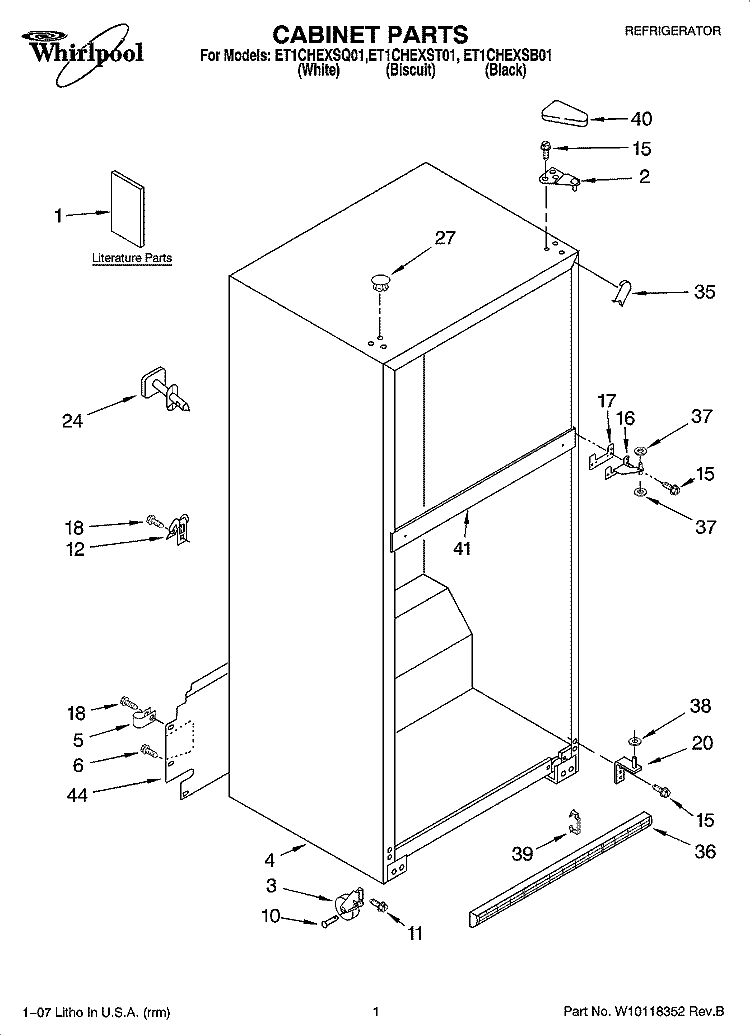 CABINET PARTS Diagram and Parts List for ET1CHEXSQ01  Whirlpool Refrigerator
