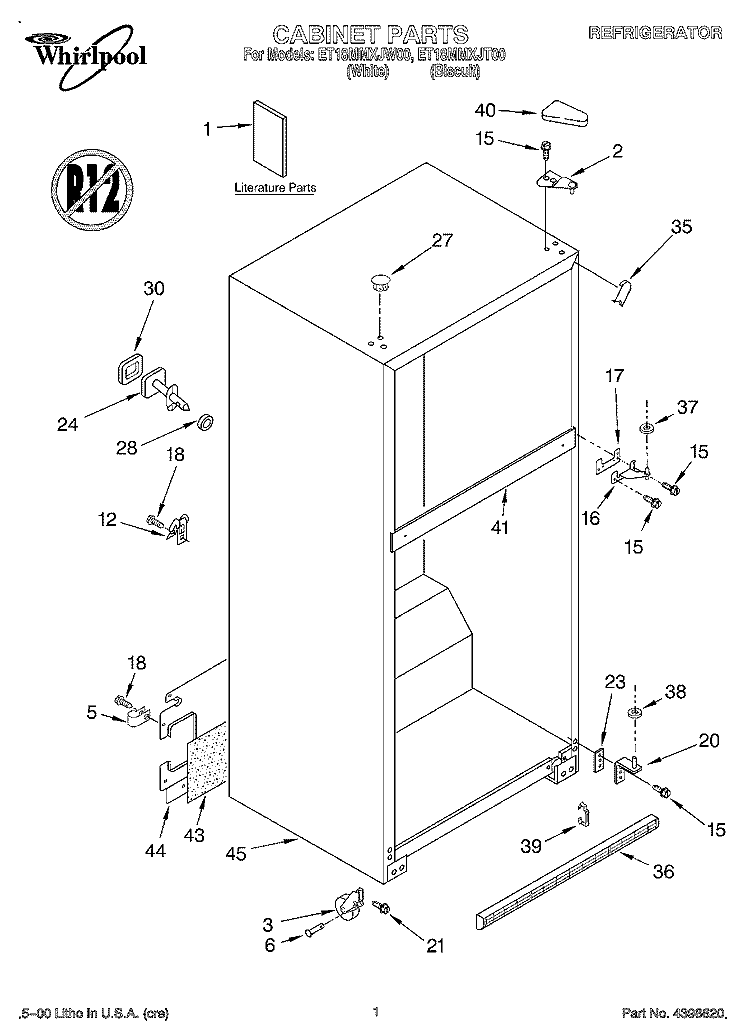 CABINET, LITERATURE Diagram and Parts List for ET18MMXJW00  Whirlpool Refrigerator