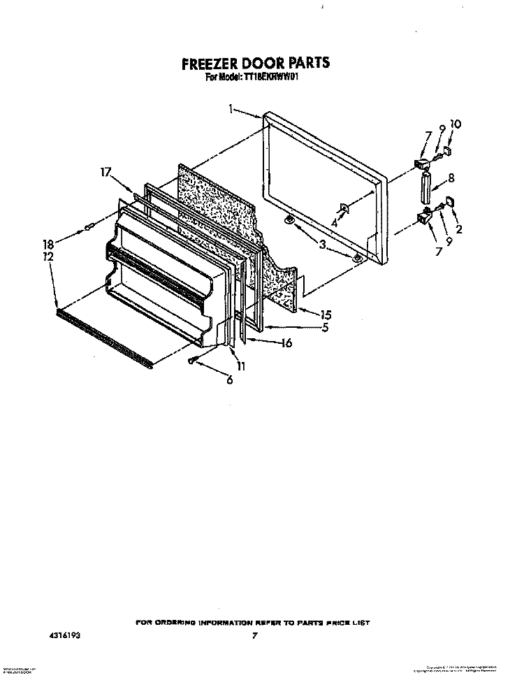 FREEZER DOOR Diagram and Parts List for TT18EKRWW01  Estate Refrigerator