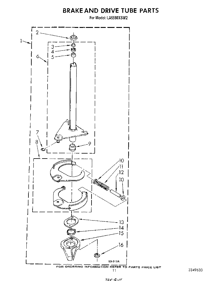 BRAKE AND DRIVE TUBE Diagram and Parts List for LA5580XSW2  Whirlpool Washer