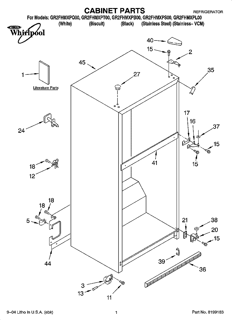 CABINET PARTS Diagram and Parts List for GR2FHMXPT00  Whirlpool Refrigerator