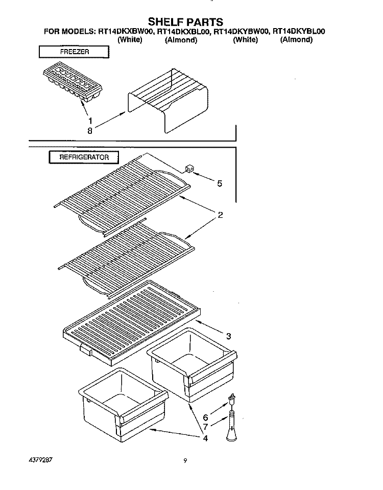 SHELF Diagram and Parts List for RT14DKXBL00  Roper Refrigerator