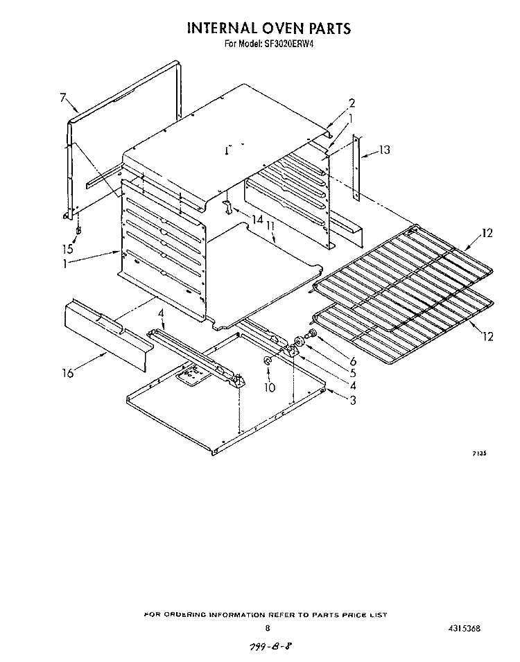 INTERNAL OVEN Diagram and Parts List for SF3020ERW4  Whirlpool Range