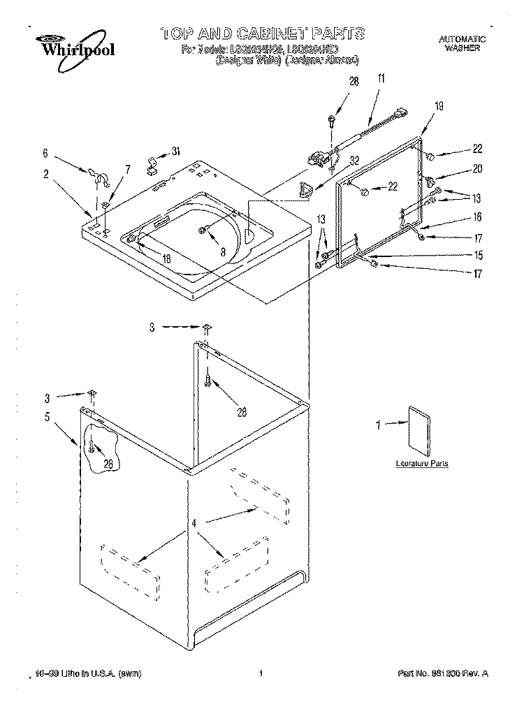 TOP AND CABINET, LITERATURE Diagram and Parts List for LSQ9264HQ0  Whirlpool Washer