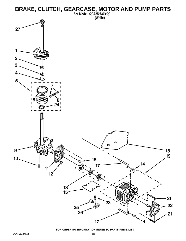 BRAKE, CLUTCH, GEARCASE, MOTOR AND PUMP PARTS Diagram and Parts List for QCAM2730YQ0  Whirlpool Washer