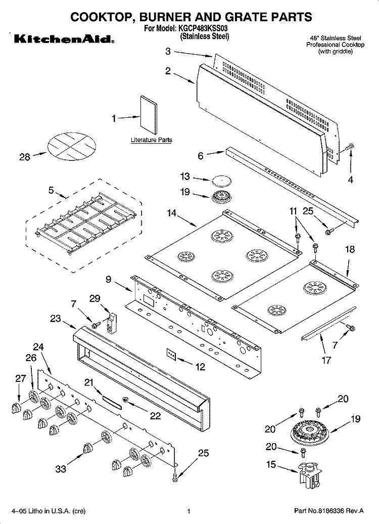 COOKTOP, BURNER AND GRATE PARTS Diagram and Parts List for KGCP483KSS03  KitchenAid Cooktop