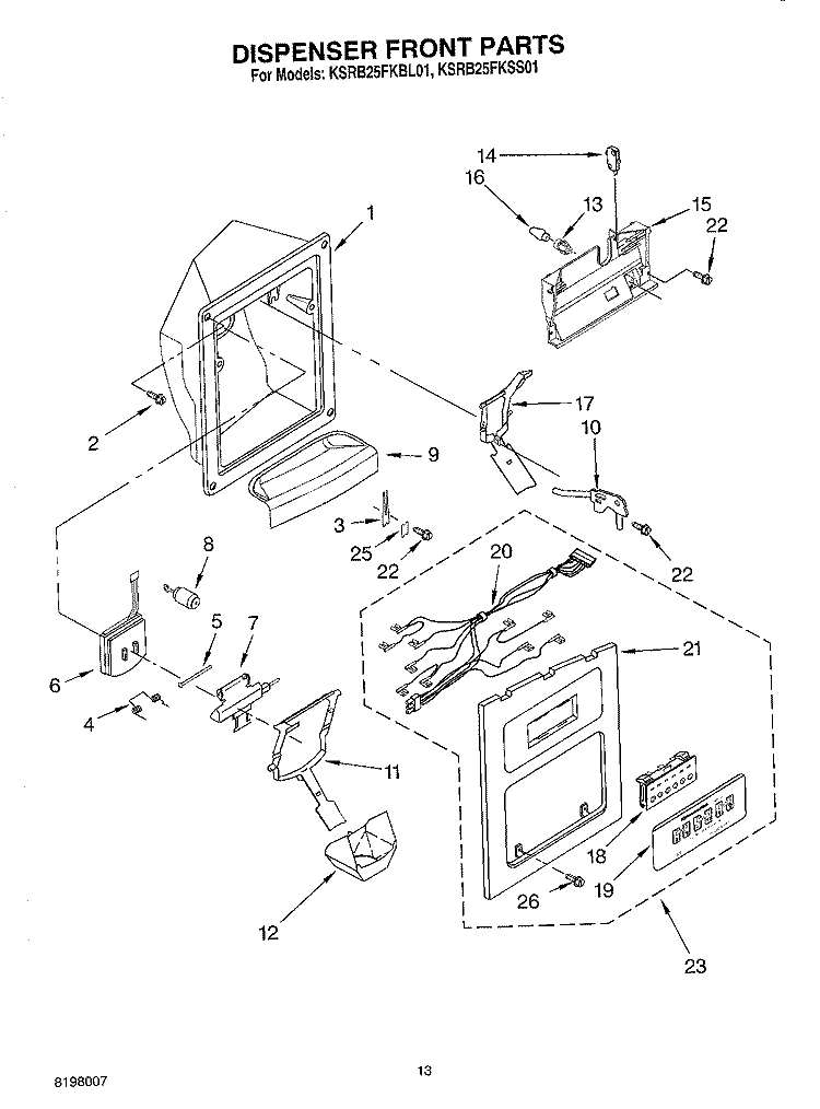 DISPENSER FRONT Diagram and Parts List for KSRB25FKBL01  KitchenAid Refrigerator