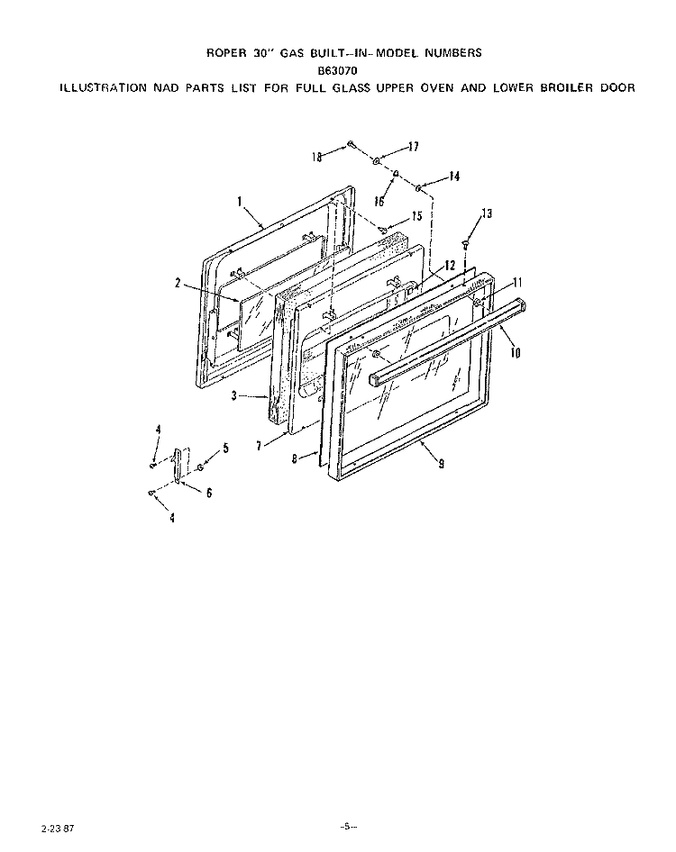 FULL GLASS UPPER OVEN AND LOWER BROILER Diagram and Parts List for B4157X0  Roper Range