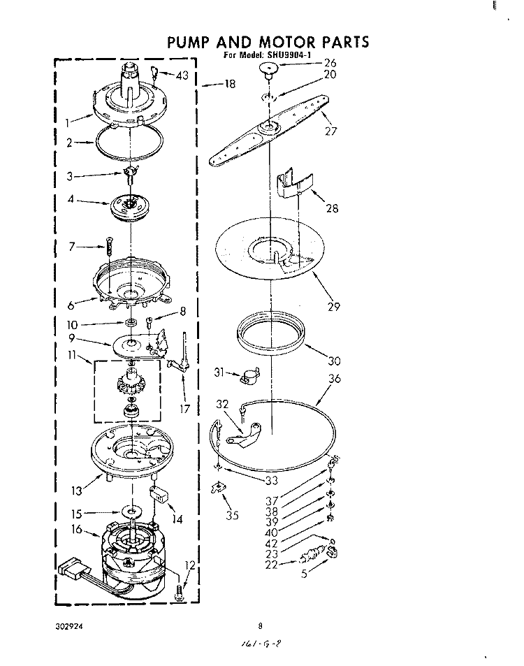 PUMP AND MOTOR Diagram and Parts List for SHU99041  Whirlpool Dishwasher