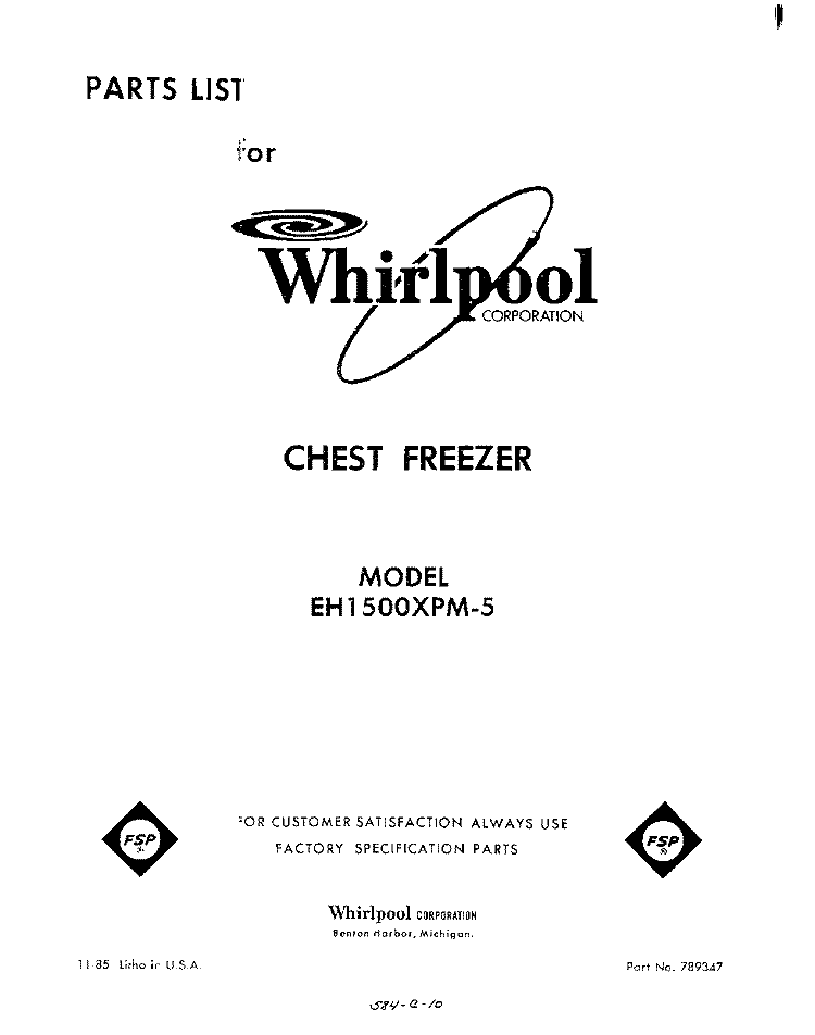 SECTION Diagram and Parts List for EH1500XPM5  Whirlpool Freezer