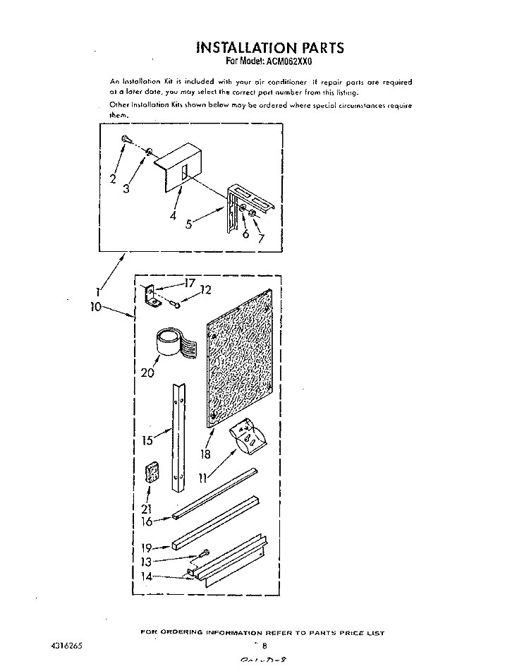 INSTALLATION Diagram and Parts List for ACM062XX0  Whirlpool Air Conditioner
