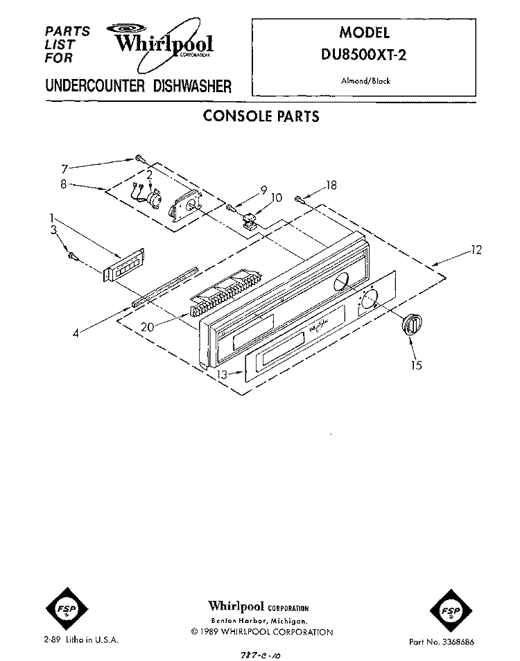CONSOLE Diagram and Parts List for DU8500XT2  Whirlpool Dishwasher