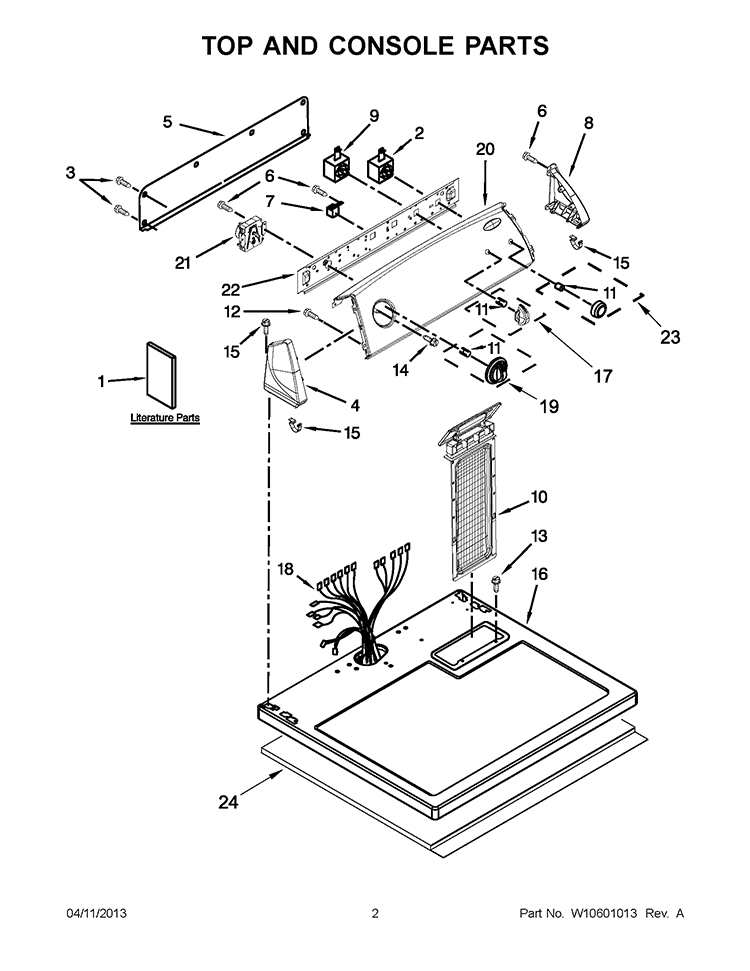 TOP AND CONSOLE PARTS Diagram and Parts List for 7MWED1600BM0  Whirlpool Dryer
