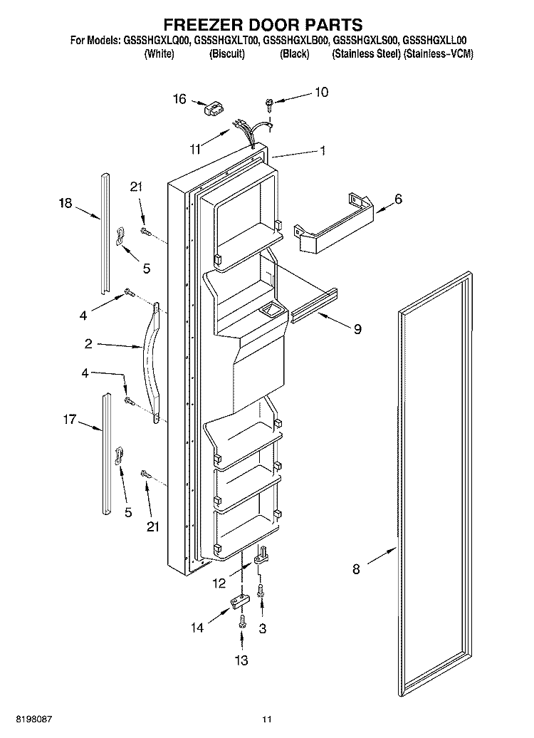 FREEZER DOOR Diagram and Parts List for GS5SHGXLQ00  Whirlpool Refrigerator