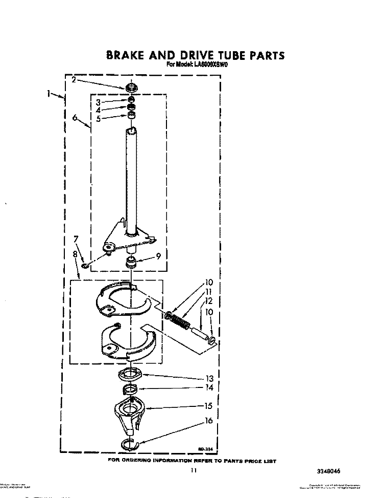 BRAKE AND DRIVE TUBE Diagram and Parts List for LA6000XSW0  Whirlpool Washer