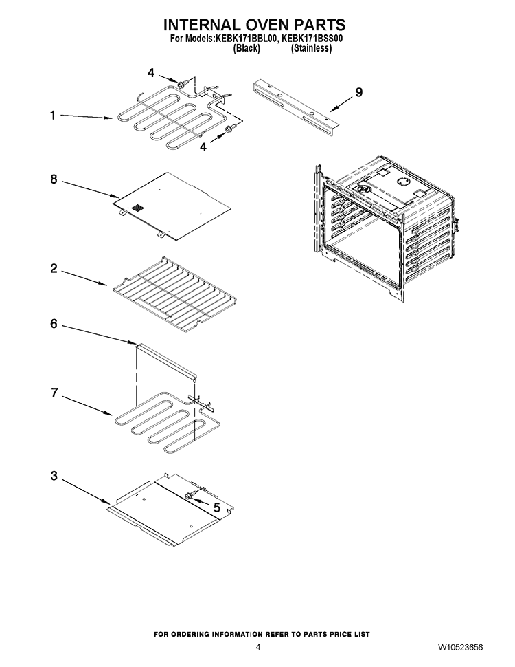INTERNAL OVEN PARTS Diagram and Parts List for KEBK171BSS00  KitchenAid Wall Oven