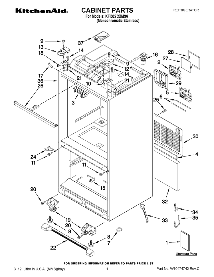 CABINET PARTS Diagram and Parts List for KFIS27CXMS6  KitchenAid Refrigerator