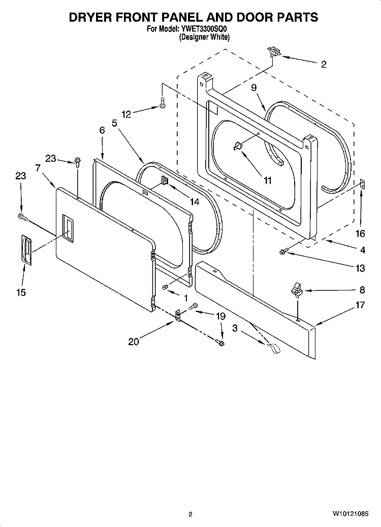DRYER FRONT PANEL AND DOOR PARTS Diagram and Parts List for YWET3300SQ0  Whirlpool Washer Dryer Combo