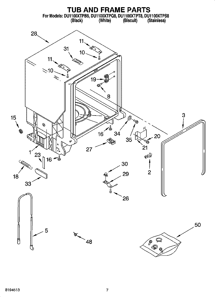 TUB AND FRAME PARTS Diagram and Parts List for DU1100XTPB8  Whirlpool Dishwasher