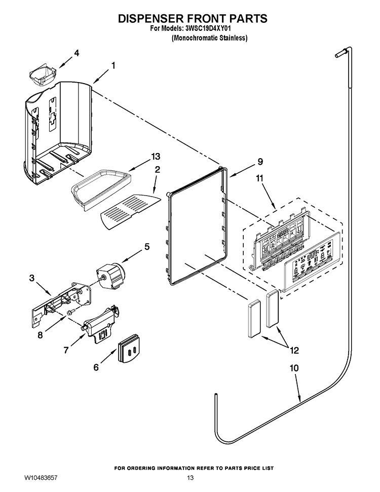 DISPENSER FRONT PARTS Diagram and Parts List for 3WSC19D4XY01  Whirlpool Refrigerator