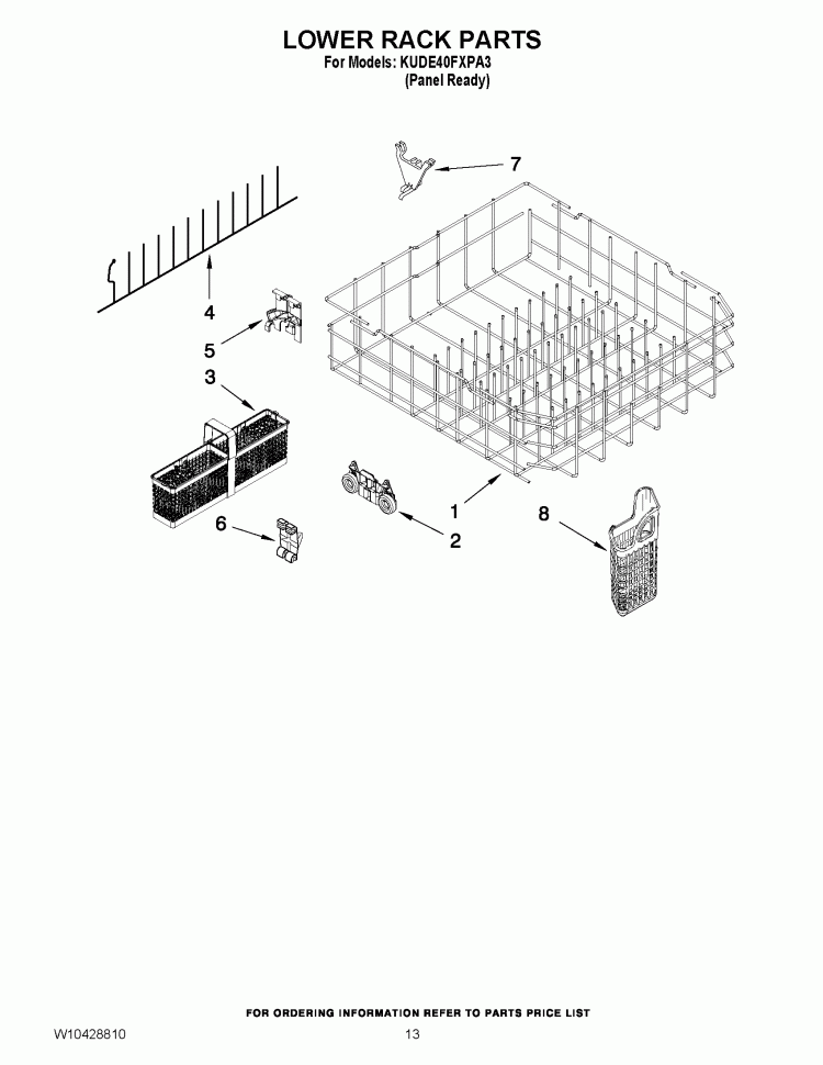 LOWER RACK PARTS Diagram and Parts List for KUDE40FXPA3  KitchenAid Dishwasher