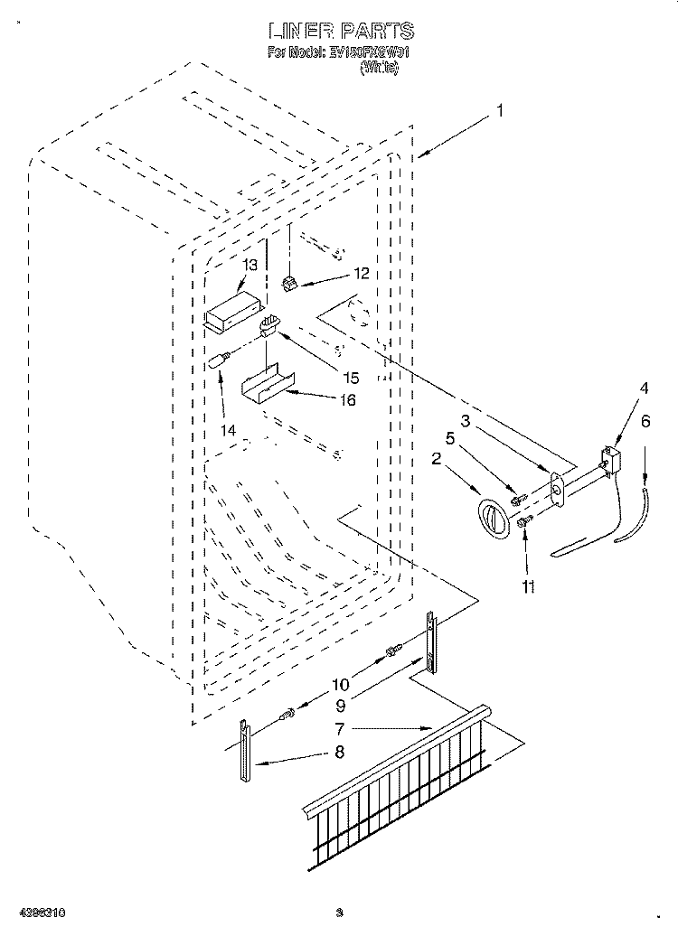 LINER Diagram and Parts List for EV150FXGW01  Whirlpool Freezer