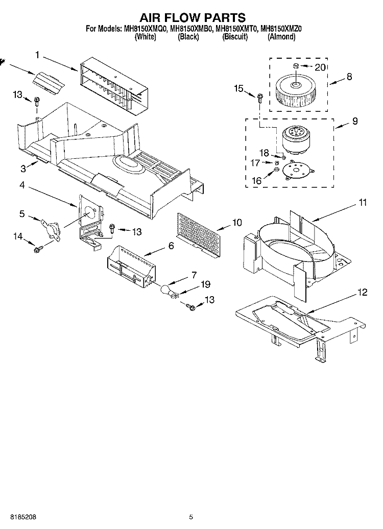 AIR FLOW PARTS Diagram and Parts List for MH8150XMB0  Whirlpool Microwave