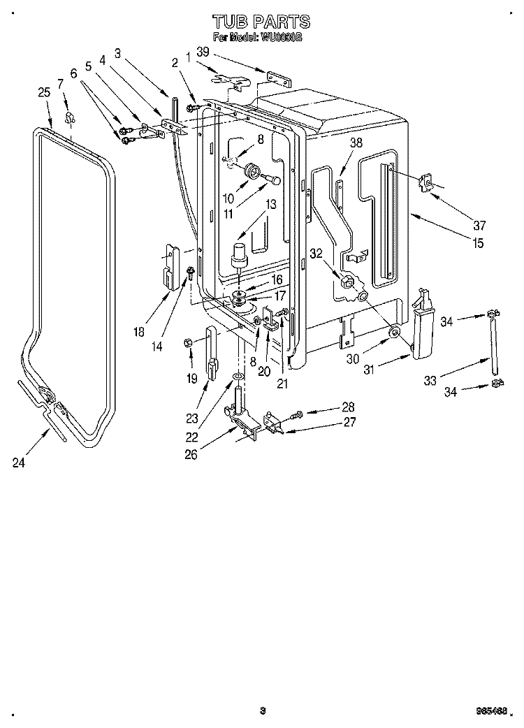 TUB Diagram and Parts List for WU0800B  Roper Dishwasher