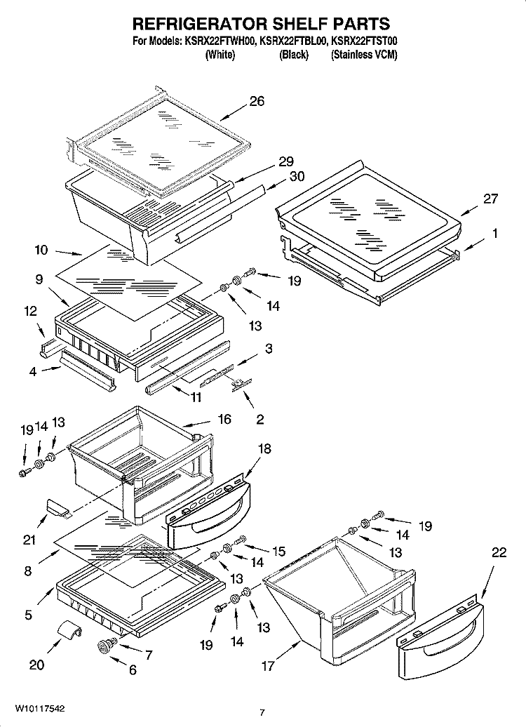 REFRIGERATOR SHELF PARTS Diagram and Parts List for KSRX22FTWH00  KitchenAid Refrigerator
