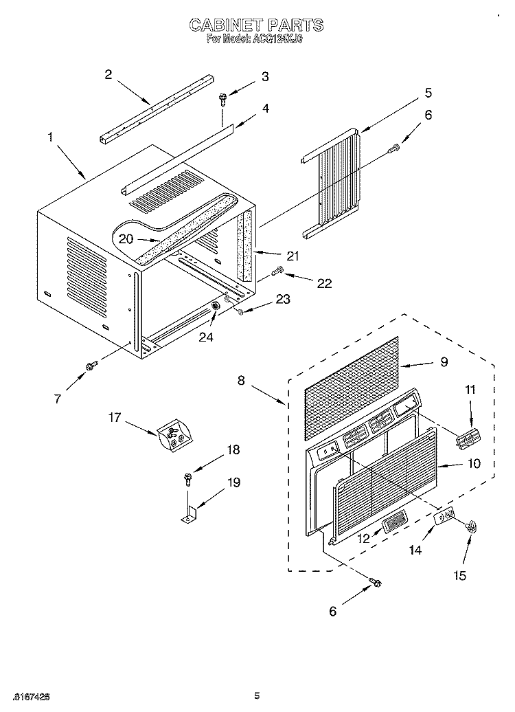 CABINET Diagram and Parts List for ACQ124XJ0  Whirlpool Air Conditioner