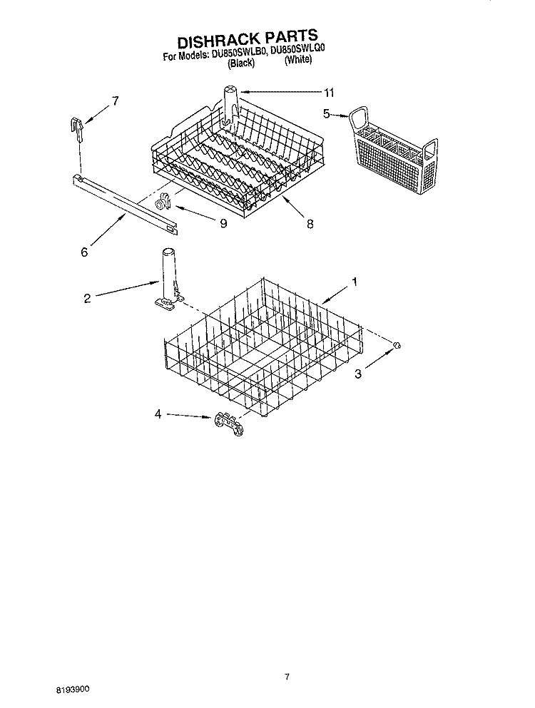 DISHRACK PARTS Diagram and Parts List for DU850SWLQ0  Whirlpool Dishwasher