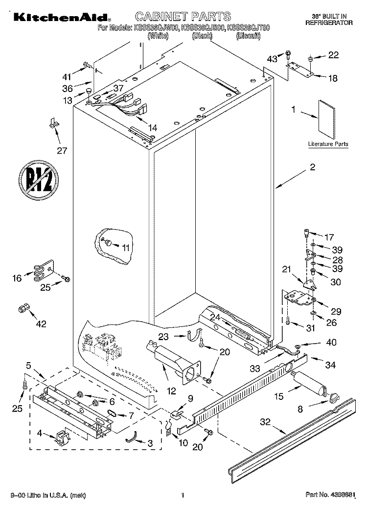 CABINET, LITERATURE Diagram and Parts List for KSSS36QJT00  KitchenAid Refrigerator