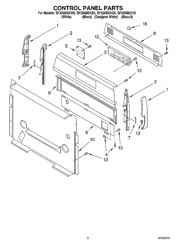 CONTROL PANEL Diagram and Parts List for SF356BEKQ0  Whirlpool Range