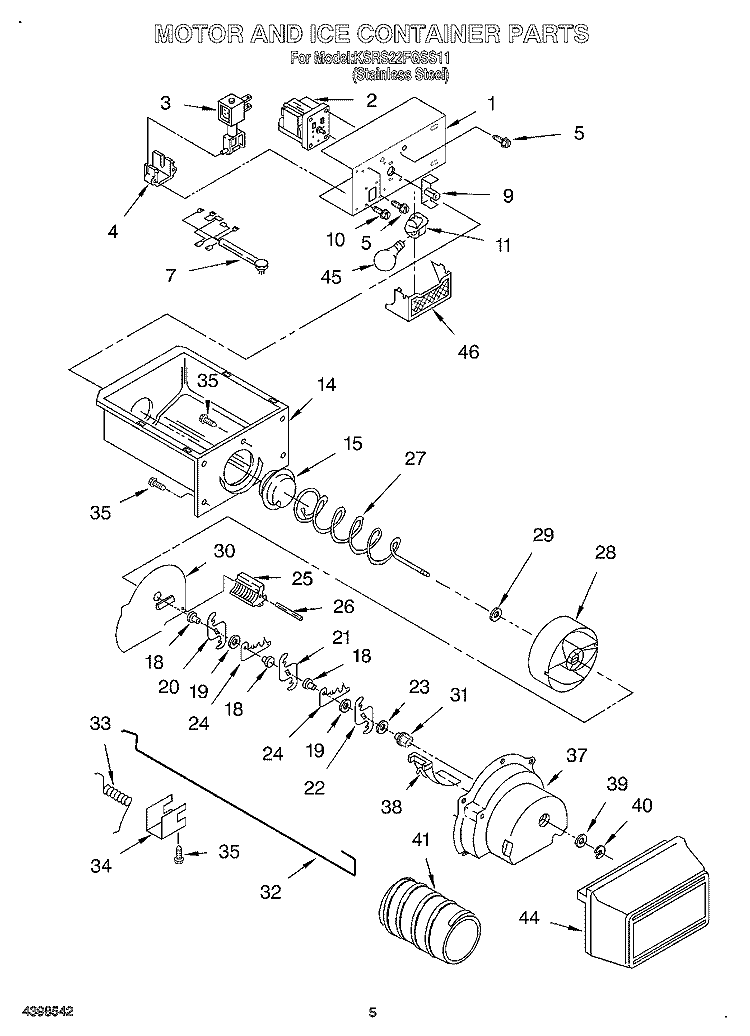 MOTOR AND ICE CONTAINER Diagram and Parts List for KSRS22FGSS11  KitchenAid Refrigerator