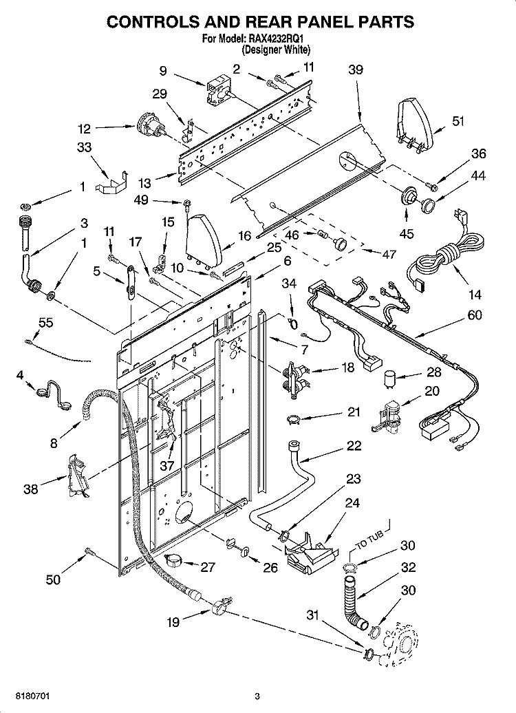 CONTROL AND REAR PANEL PARTS Diagram and Parts List for RAX4232RQ1  Roper Washer