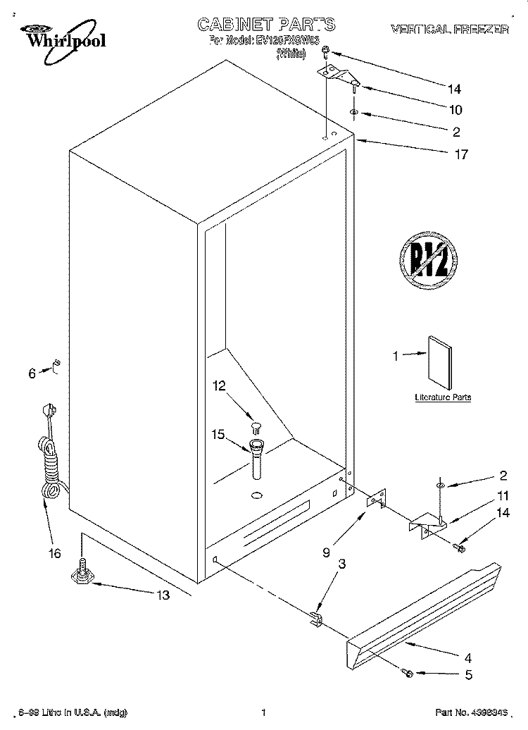 CABINET, LITERATURE Diagram and Parts List for EV120FXGW03  Whirlpool Freezer