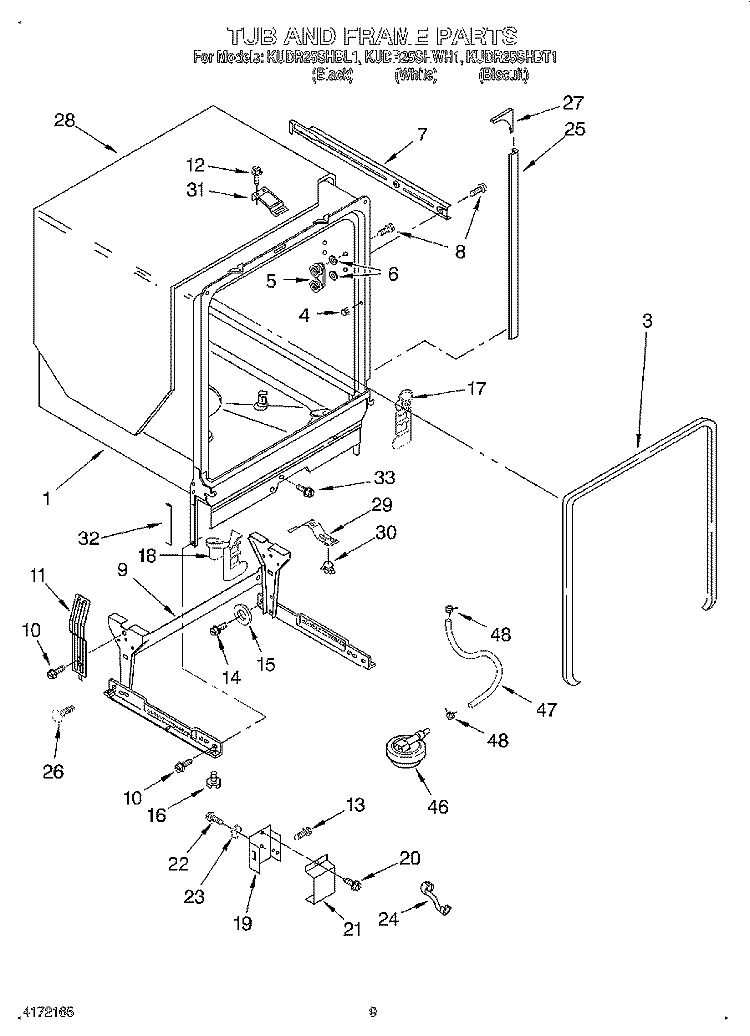 TUB AND FRAME Diagram and Parts List for KUDR25SHBT1  KitchenAid Dishwasher