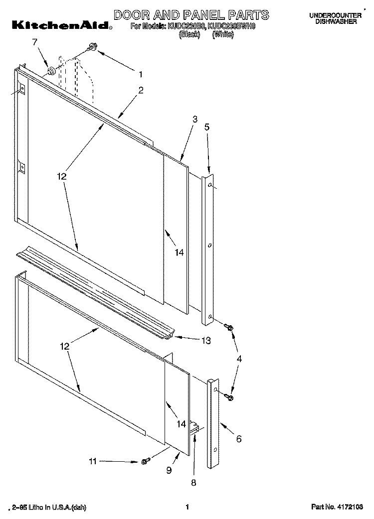 DOOR AND PANEL Diagram and Parts List for KUDC230B0  KitchenAid Dishwasher