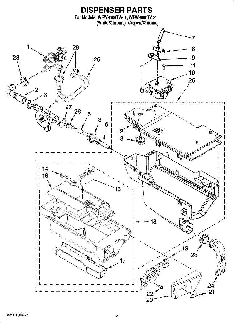 DISPENSER PARTS Diagram and Parts List for WFW9600TA01  Whirlpool Washer
